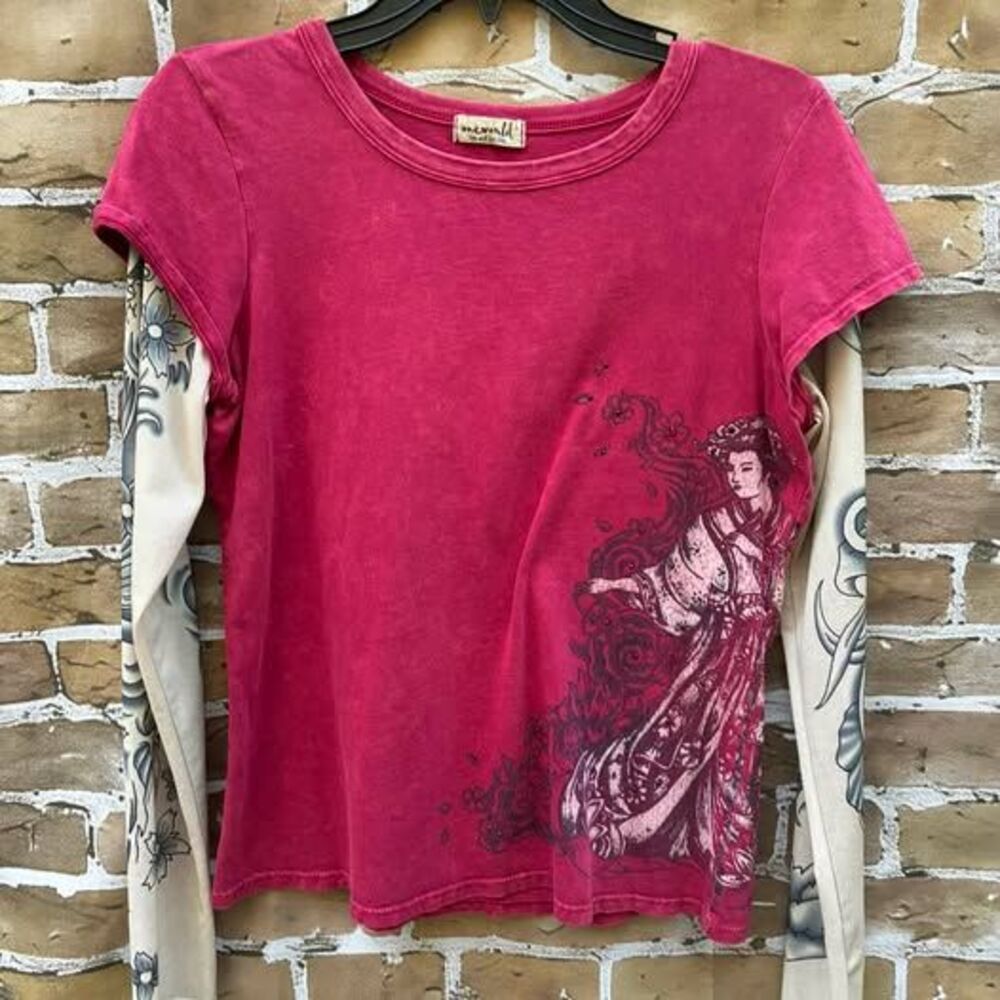 Vtg One World L y2k tattoo floral Geisha Graphic Top with Tattoo Sleeves Size L